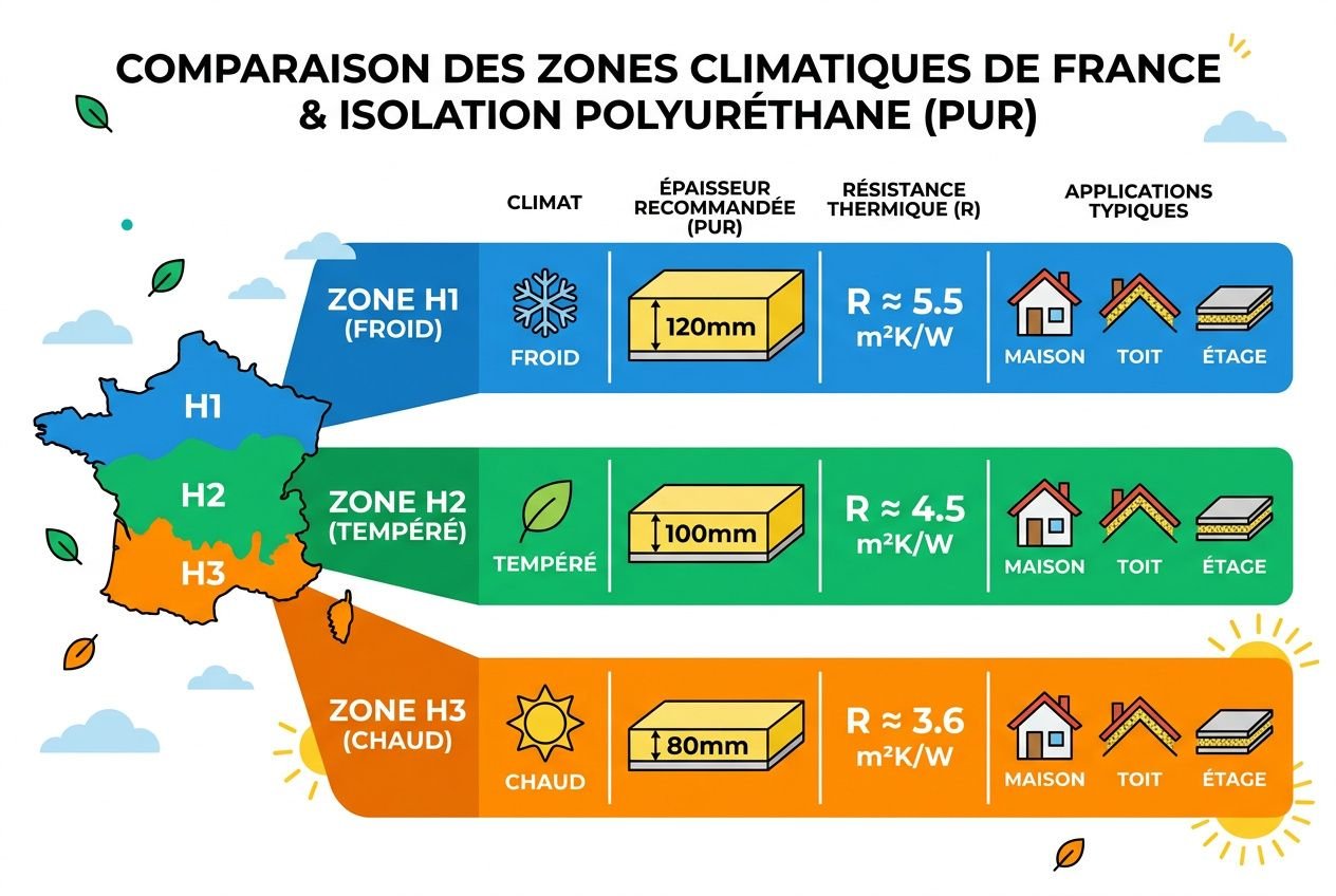 Comparaison climatiques France: panneau mousse polyuréthane 80mm avec résistance thermique ~3,6–3,7 m²·K/W pour zone chaude (H3) et usages maison, toit et étage.