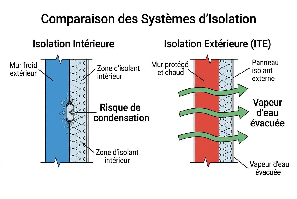 Comparaison des systèmes d’isolation: mur humide côté nord avec isolation extérieure (ITE) et vapeurs d’eau évacuées; l’image illustre risque de condensation et échanges d’air. isolation façade nord humide