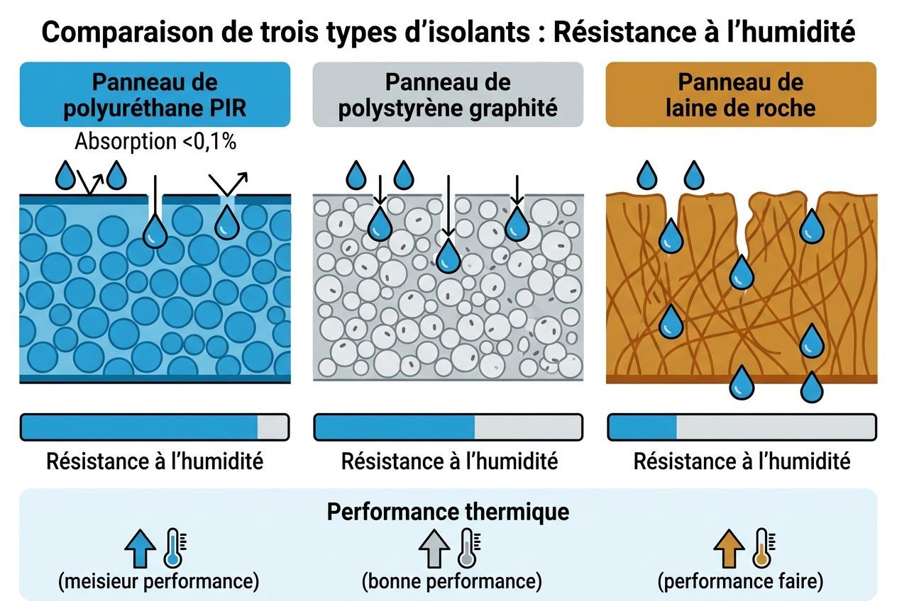 Comparaison de trois types d’isolants pour résistance à l’humidité sur une façade nord humide: PIR, polystryrène graphité et laine de roche, avec indicateurs d’absorption et résistance à l’humidité.