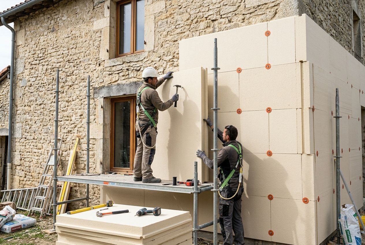 Deux ouvriers posent et façonnent des panneaux d’isolant sur une façade de maison en pierre, avec échafaudage et outils autour, dans le cadre d’isoler façade par l'extérieur.