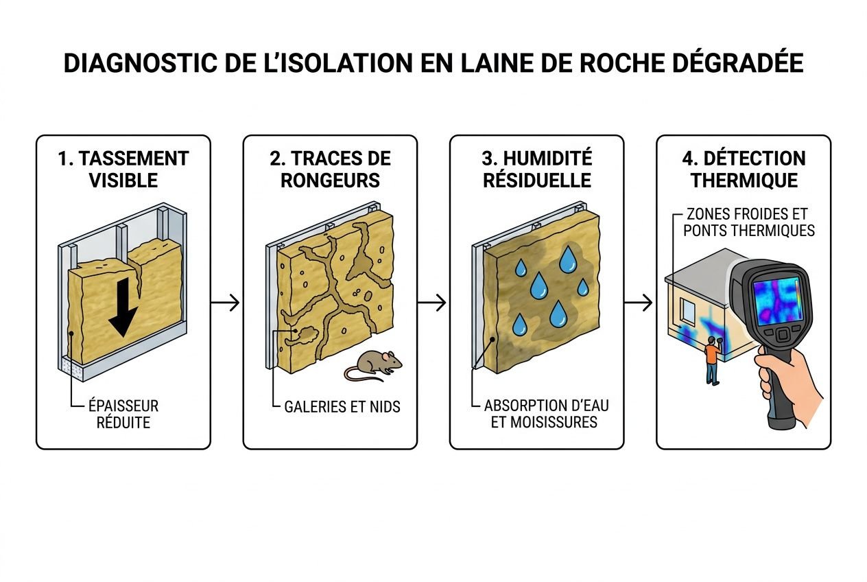 Diagnostic de l’isolation en laine de roche dégradée: couches avec tassement, traces de rongeurs, humidité résiduelle et détection thermique. durée de vie laine de roche estimée 30–65 ans selon usage.