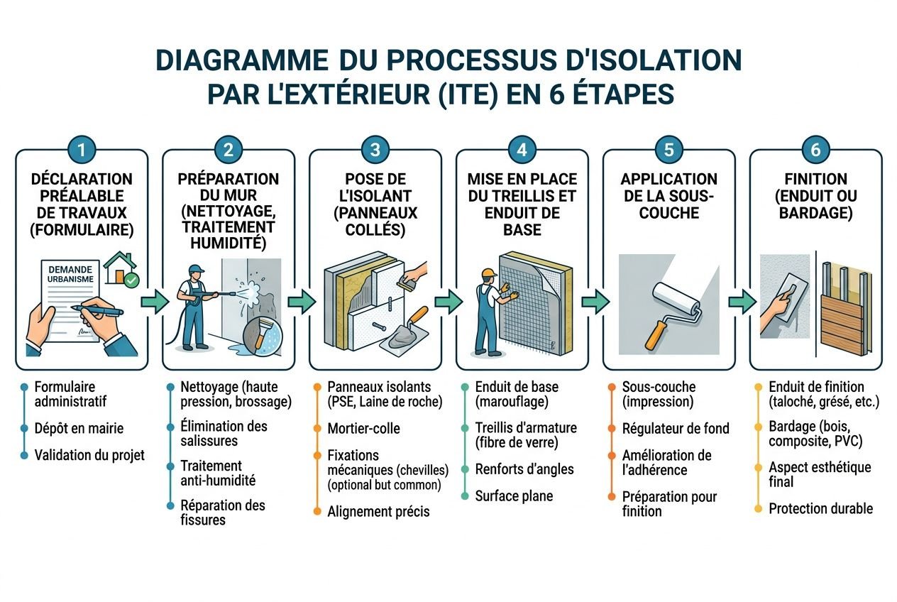 Diagramme du processus d’isolation par l’extérieur (ITE) en 6 étapes: de déclaration et préparation des murs, pose des isolants et du treillis, mise en place du base coat, application de la sous-couche et finition (enduit/bardage). isoler façade par l'extérieur etapes clés.