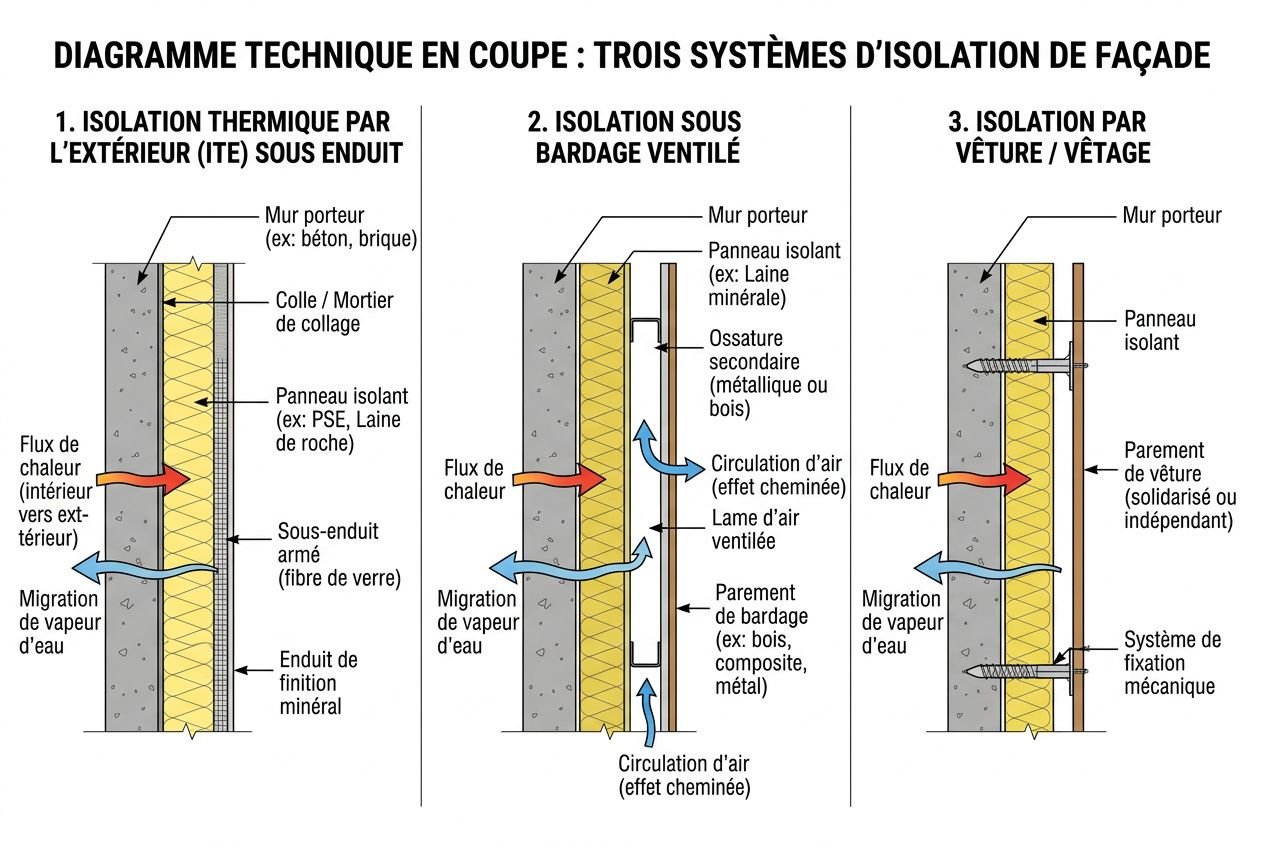 Diagramme technique en coupe montrant trois systèmes d’isolation de façade: ITE sous enduit, isolation sous bardage ventilé et isolation par vêture/végétation.