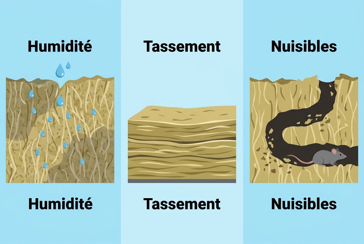 Durée de vie laine de roche : isolation résistante face à l’humidité et au tassement, susceptible aux nuisibles avec signes de remplacement.