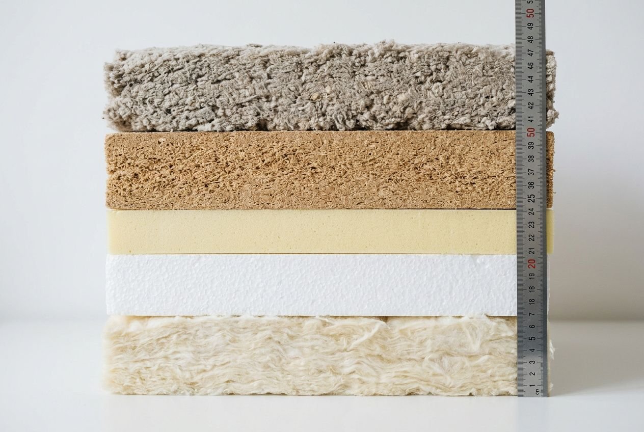 Échantillons de matériaux d’isolation empilés avec une règle graduée sur le côté, montrant différents types et textures. tableau comparatif isolant thermique.