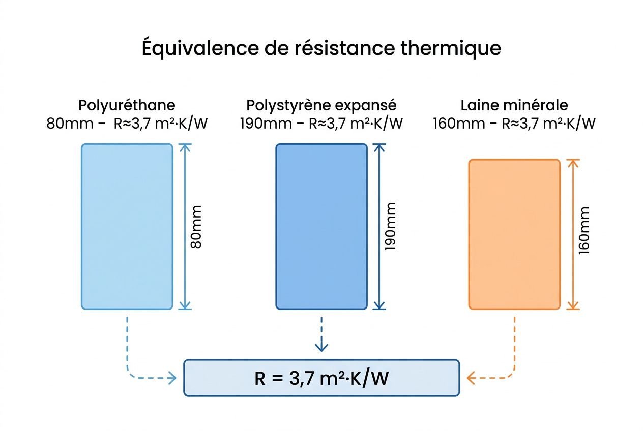 Équivalence de résistance thermique pour polyuréthane 80 mm, polystyrène expansé 190 mm et laine minérale 160 mm; montage et valeur R communiquée R = 3,7 m²·K/W. intégration du mot-clé: comment poser polyuréthane 80mm.