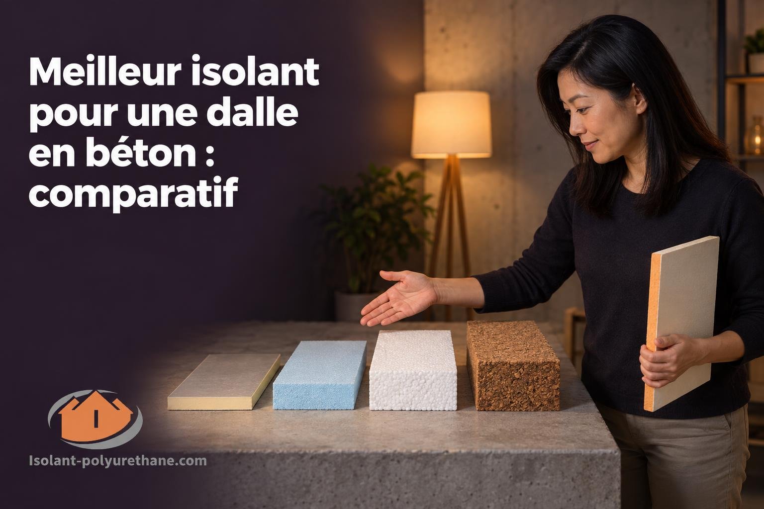 Une femme présente différents panneaux d’isolation alignés sur une table pour les comparer.