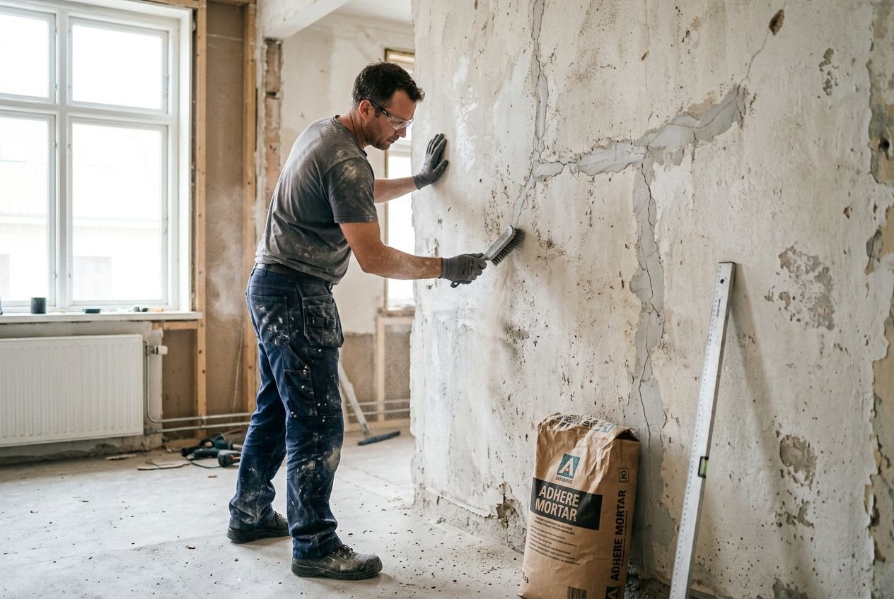 Homme pose et lime un mur intérieur cassé, préparation pour isolation au polyuréthane 80mm, sac d’adhérence et niveau à proximité.