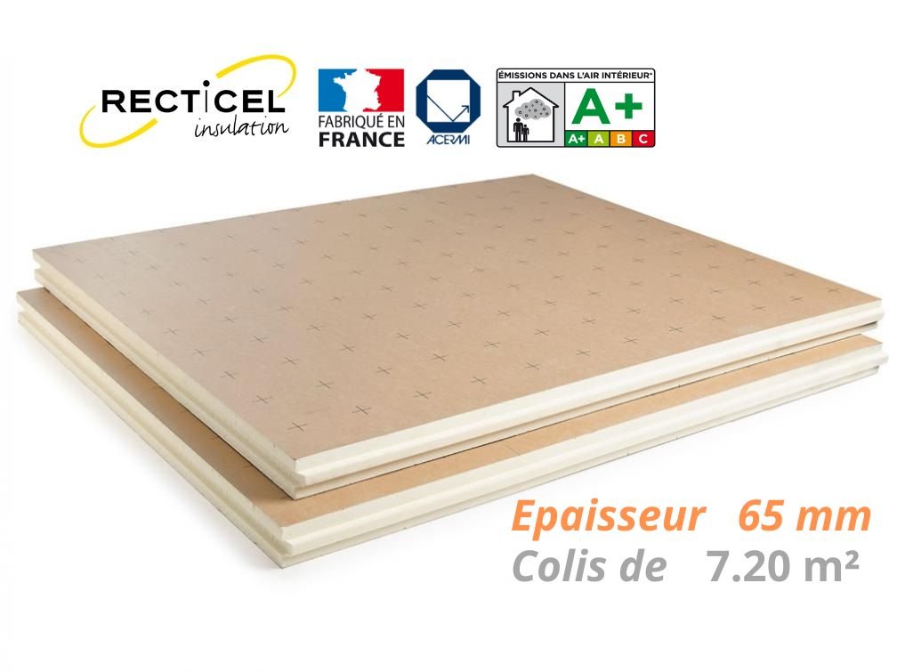 Isolant sol polyuréthane épaisseur 65 mm, plats multiples, logo Recticel insulation et labels, colis de 7,20 m² pour isolation sous chape ou plancher chauffant.