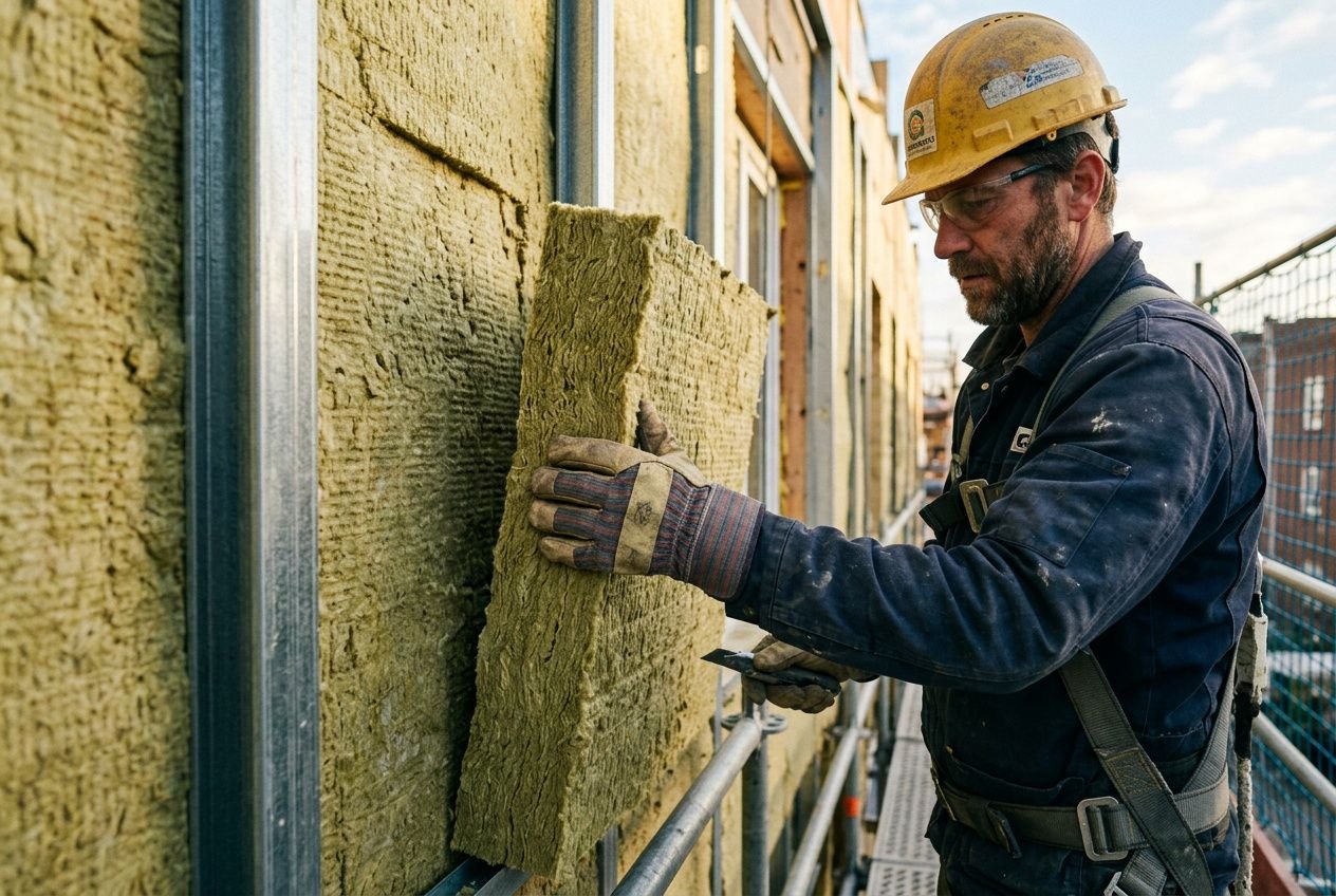 Ouvrier en casque et gants pose une lame de laine de roche sur l’extérieur d’un bâtiment en rénovation. alt texte lié à durée de vie laine de roche.