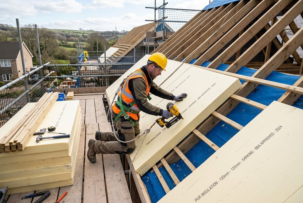 Ouvrier sur un toit en construction, posant des panneaux d’isolation pour l’épaisseur isolation rampant sous toiture avec outil électrique.