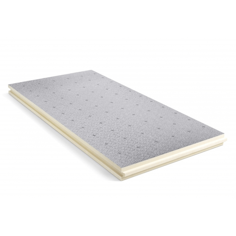 Panneau isolant en polyuréthane gris clair, surface perforée à motifs en X, épaisseur multiple avec couche périphérique beige.
