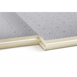 Panneau isolant en mousse polyuréthane 80 mm avec couche de parement gris et noyau beigne, montrant la résistance thermique.