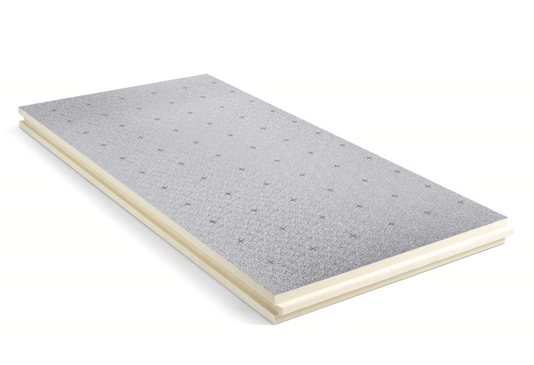 Panneau isolant pour plancher de grenier, perforations minesaures gris clair et âme en mousse blanche.