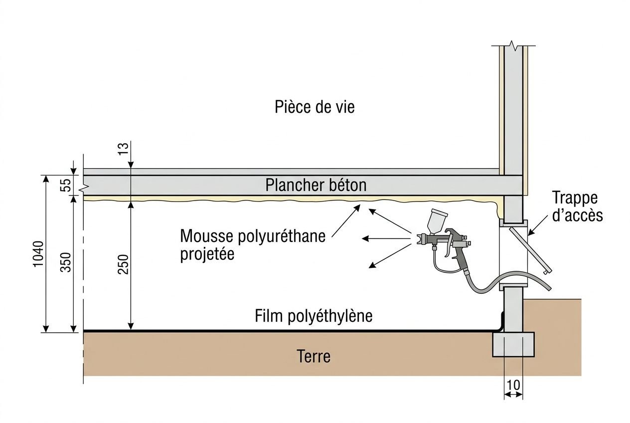 Schéma d’isolation d’un vide sanitaire inaccessible : couchage isolant au-dessus du plancher, mousse polyuréthane projetée et film polyéthylène, accès par trappe.