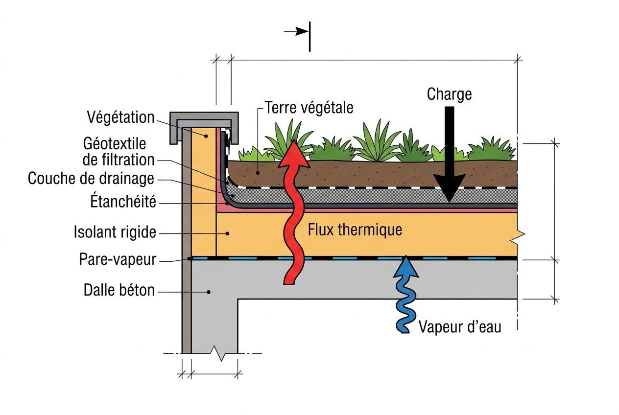 Schéma d’un toit avec couches d’isolation: végétation, filtre, terre végétale, géotextile, couche d’étanchéité et isolation rigide au-dessus d’une dalle en béton, montrant fluxs thermiques et vapeur d’eau. meilleur isolant pour toiture
