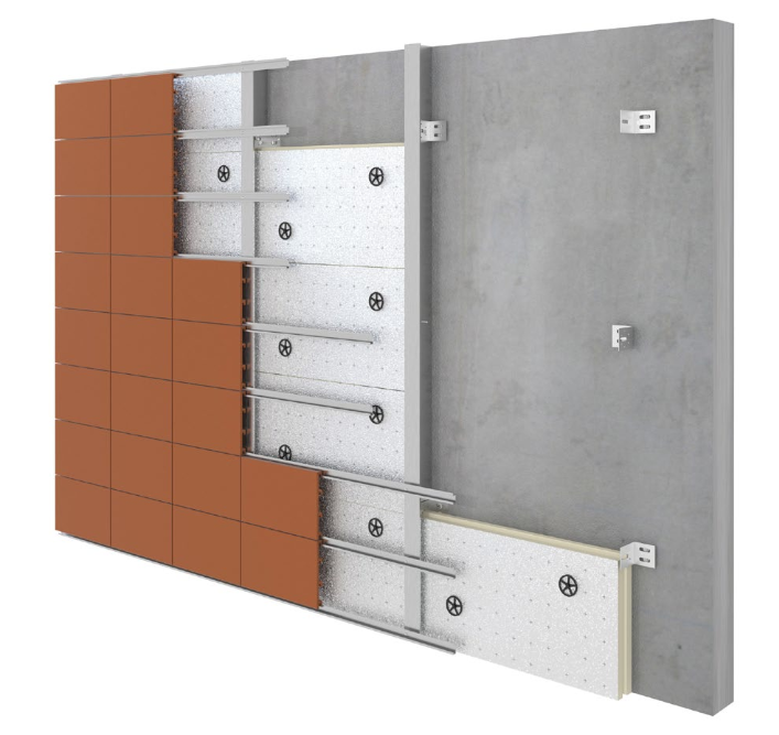 Schéma montrant la pose des plaques de polyuréthane sur un mur avec fixation métallique et joints, prêt pour l’isolation thermique. (comment poser des plaques de polyuréthane au mur)