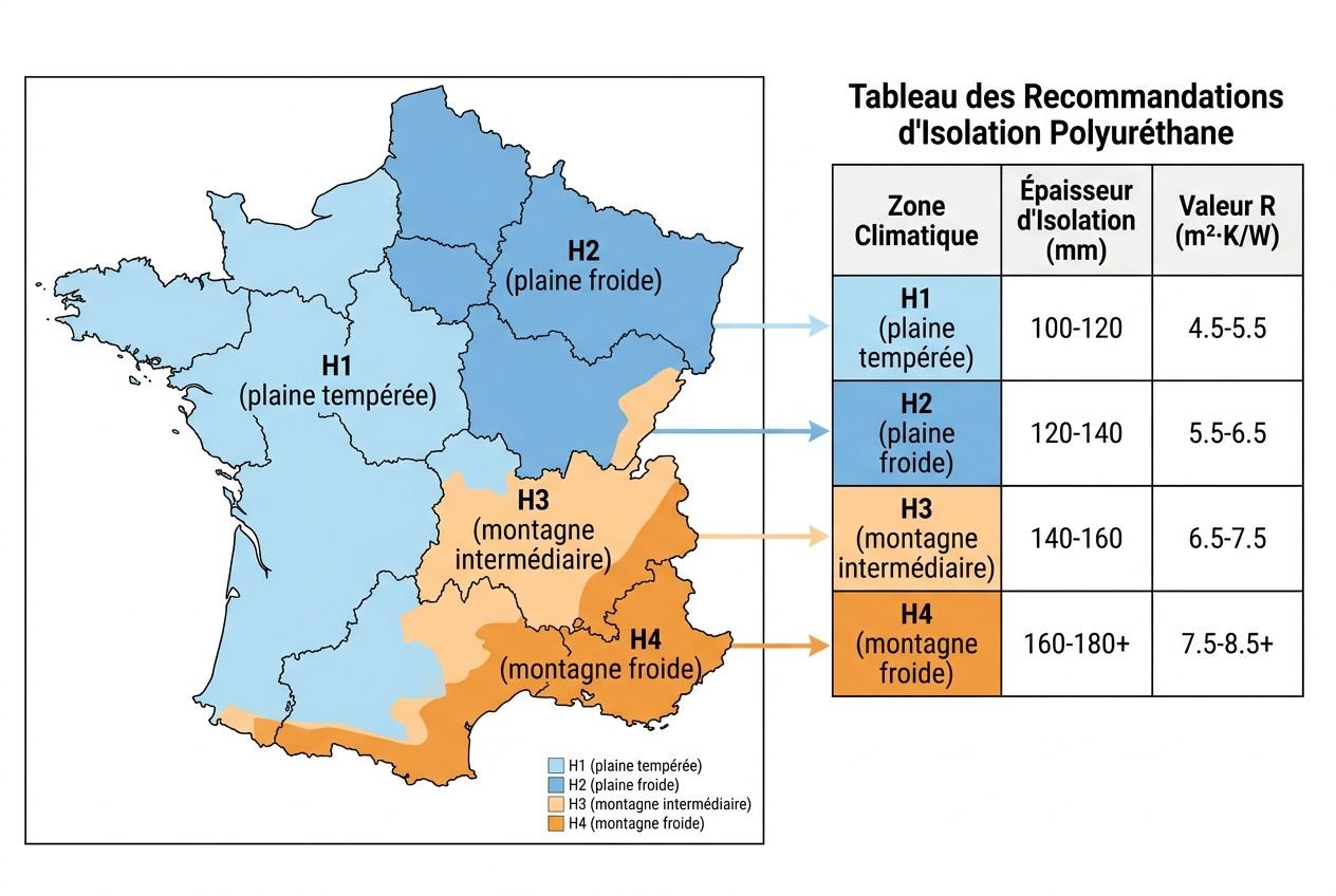 Tableau et carte: répartition des épaisseurs d'isolation pour rampants sous toiture par zone climatique et catégorie thermique. Echelle: H1/H2/H3/H4 et valeurs R correspondantes.