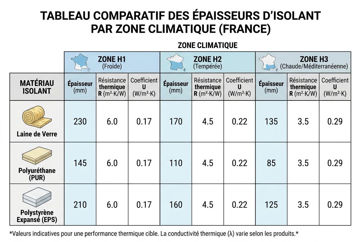 Tableau comparatif des épaisseurs d’isolant par zone climatique (France), montrant les matériaux: laine de verre, PUR et polystyrène expansé avec épaisseur, résistance thermique R et coefficient U selon zones H1/H2/H3. Intègre le concept norme rt 2012 isolation mur.