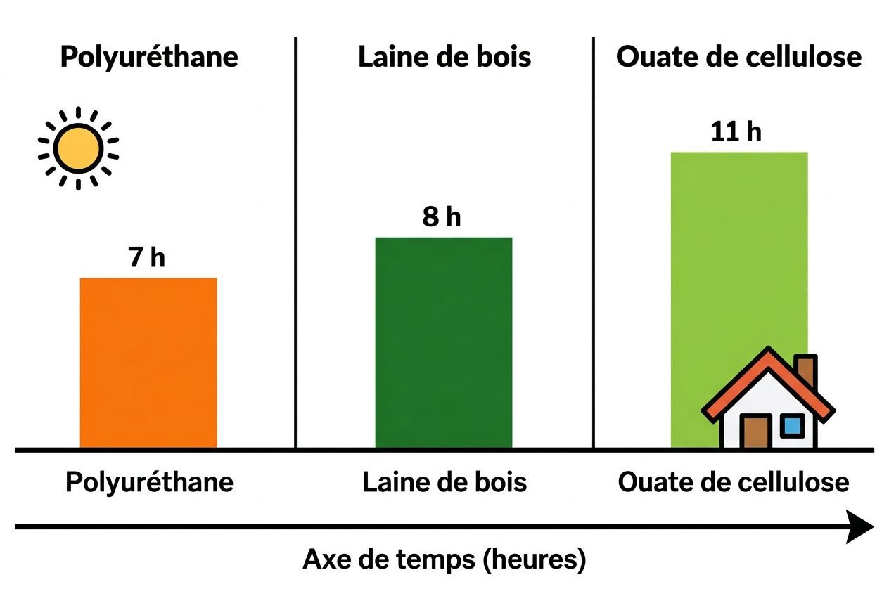 Tableau comparatif isolant thermique: graphiques en barres montrant Polyuréthane 7 h, Laine de bois 8 h et Ouate de cellulose 11 h, axe temps en heures.
