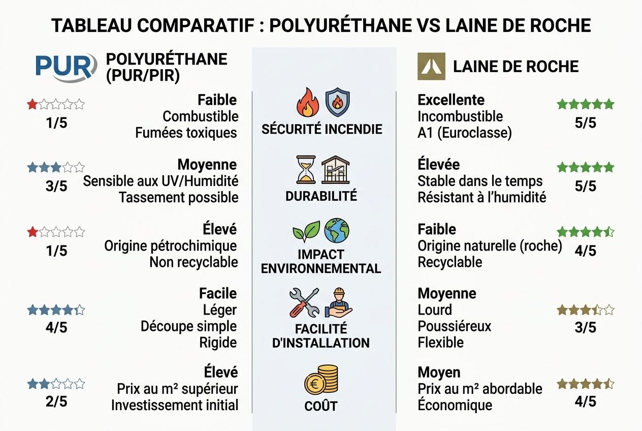 Tableau comparatif: polyuréthane vs laine de roche, affichant les critères : sécurité/incendie, durabilité, impact environnemental, facilité d’installation et coût, avec évaluations respectives. keyword included: isolation phonique polyuréthane ou laine de roche.